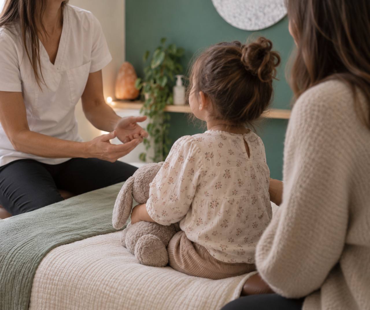 Temps d’échange entre une praticienne, un jeune enfant et son parent